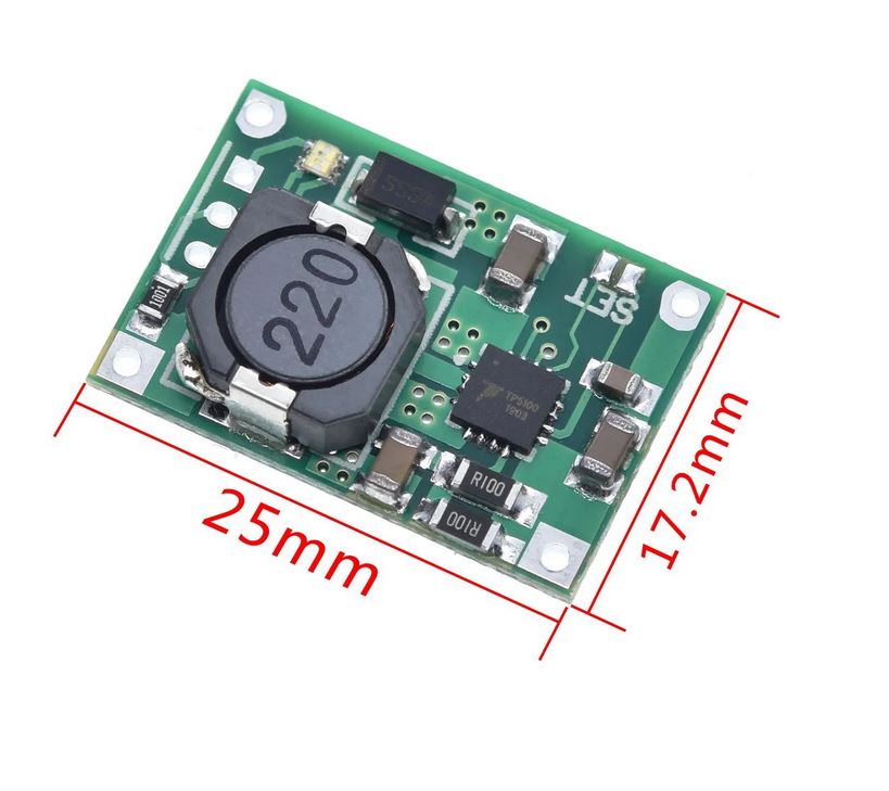 Electronic circuit board with dimensions labeled on a white background