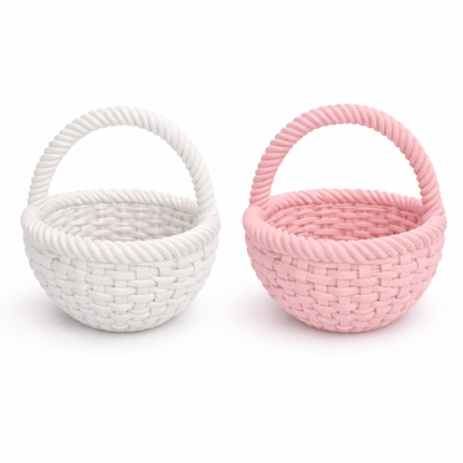 Two woven baskets, one white and one pink, on a white background
