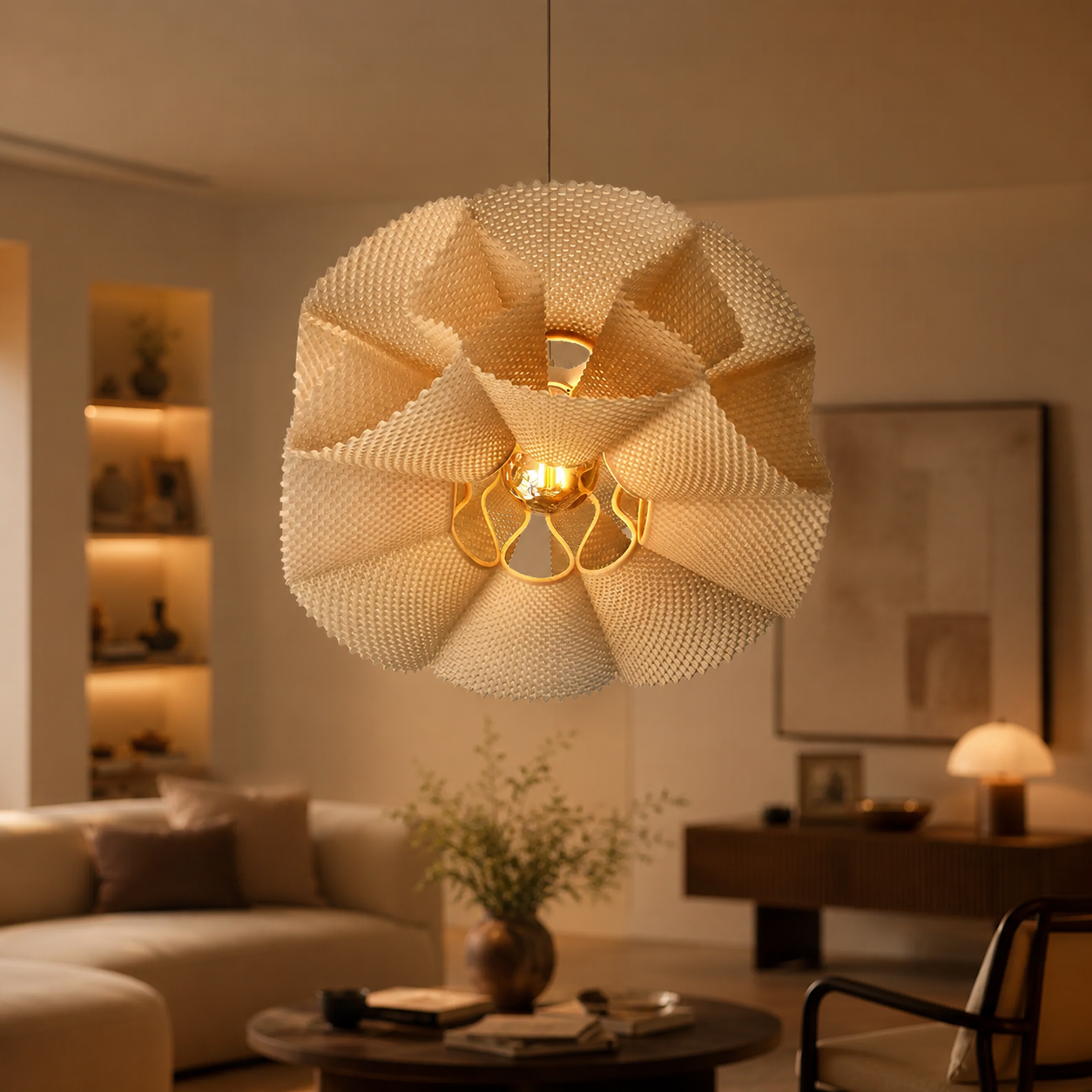 Decorative ceiling light fixture in a living room setting