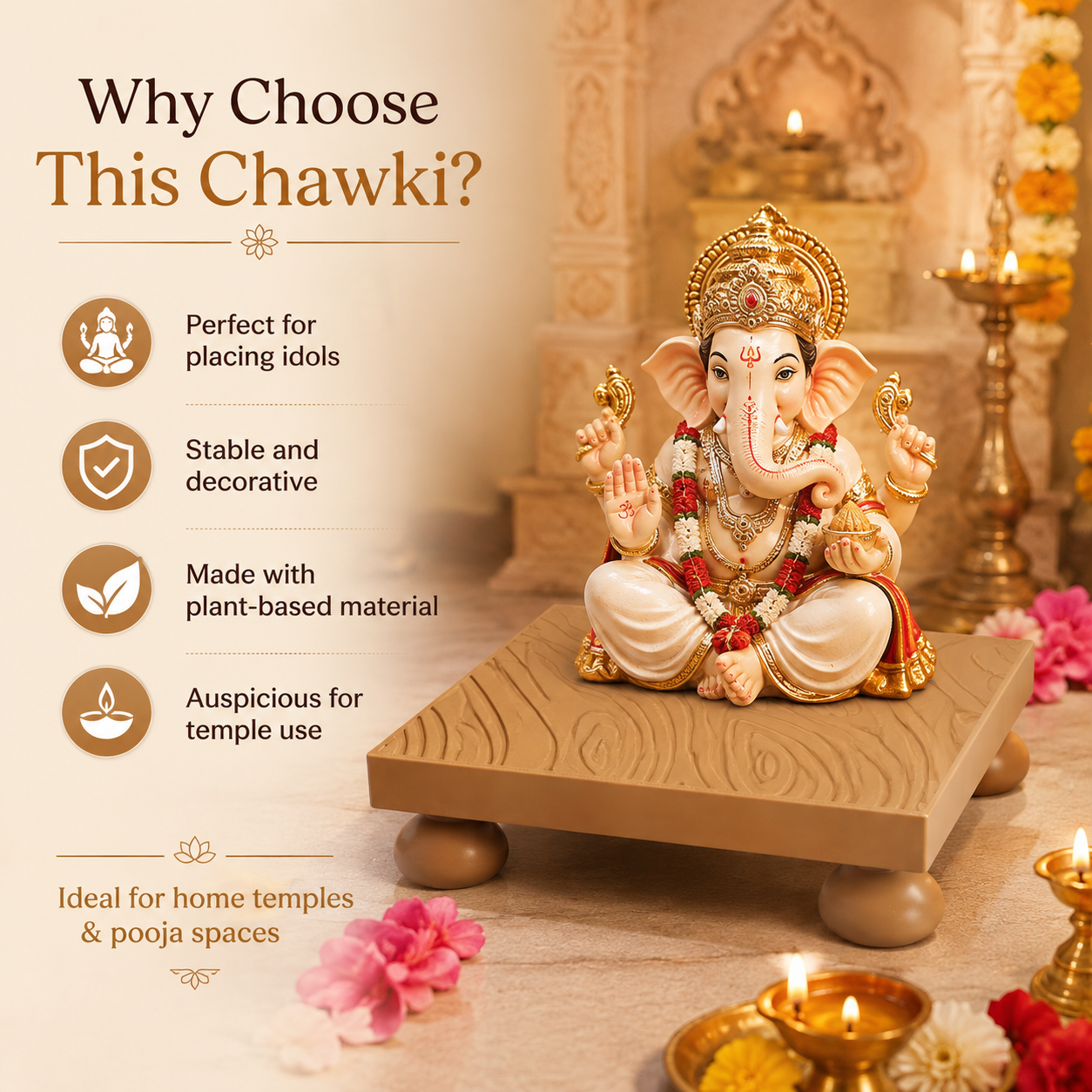 A decorative Ganesha idol seated on a wooden platform, shown in a styled temple-like setting with lit oil lamps and flowers. Large marketing text on the left reads 'Why Choose This Chawki?' with feature icons for placing idols, stability and decorativity, plant-based material, and auspicious temple use.
