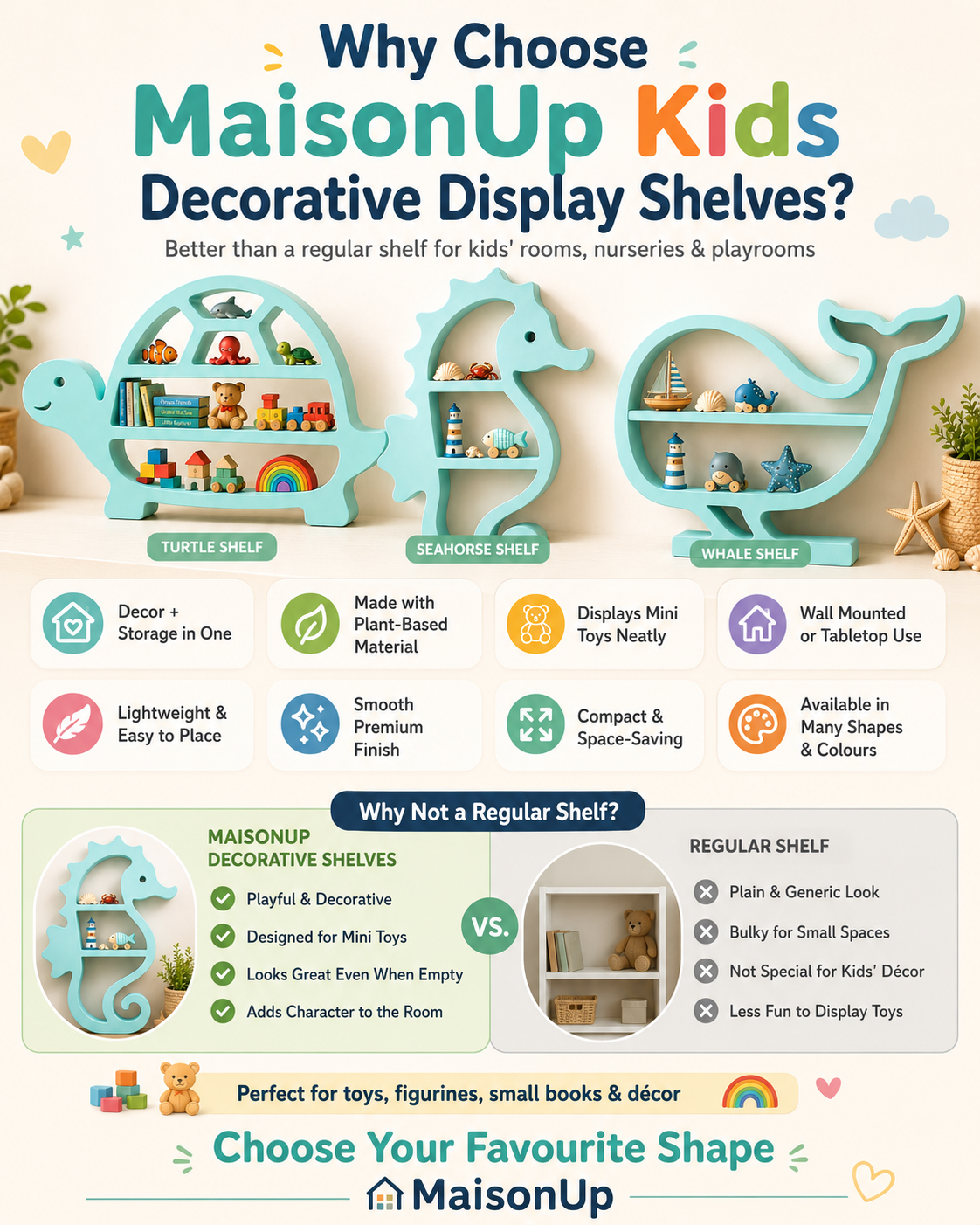 An infographic banner for MaisonUp Kids Decorative Display Shelves, showcasing three custom-shaped shelves: turtle, search engine, and whale, filled with toy figurines. The graphic features a clean layout with colorful icons, text comparisons, and a bottom section inviting customers to choose their favorite shape.