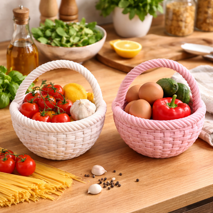 Two woven baskets on a wooden table with vegetables and eggs.
