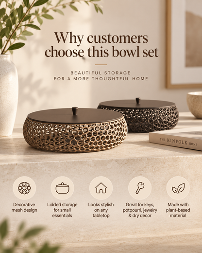 Two round decorative metal bowls with matching lids are displayed on a tabletop in a styled home setting. The bowls have a hammered metallic finish and are shown with text overlays explaining customer preferences, along with feature icons at the bottom.