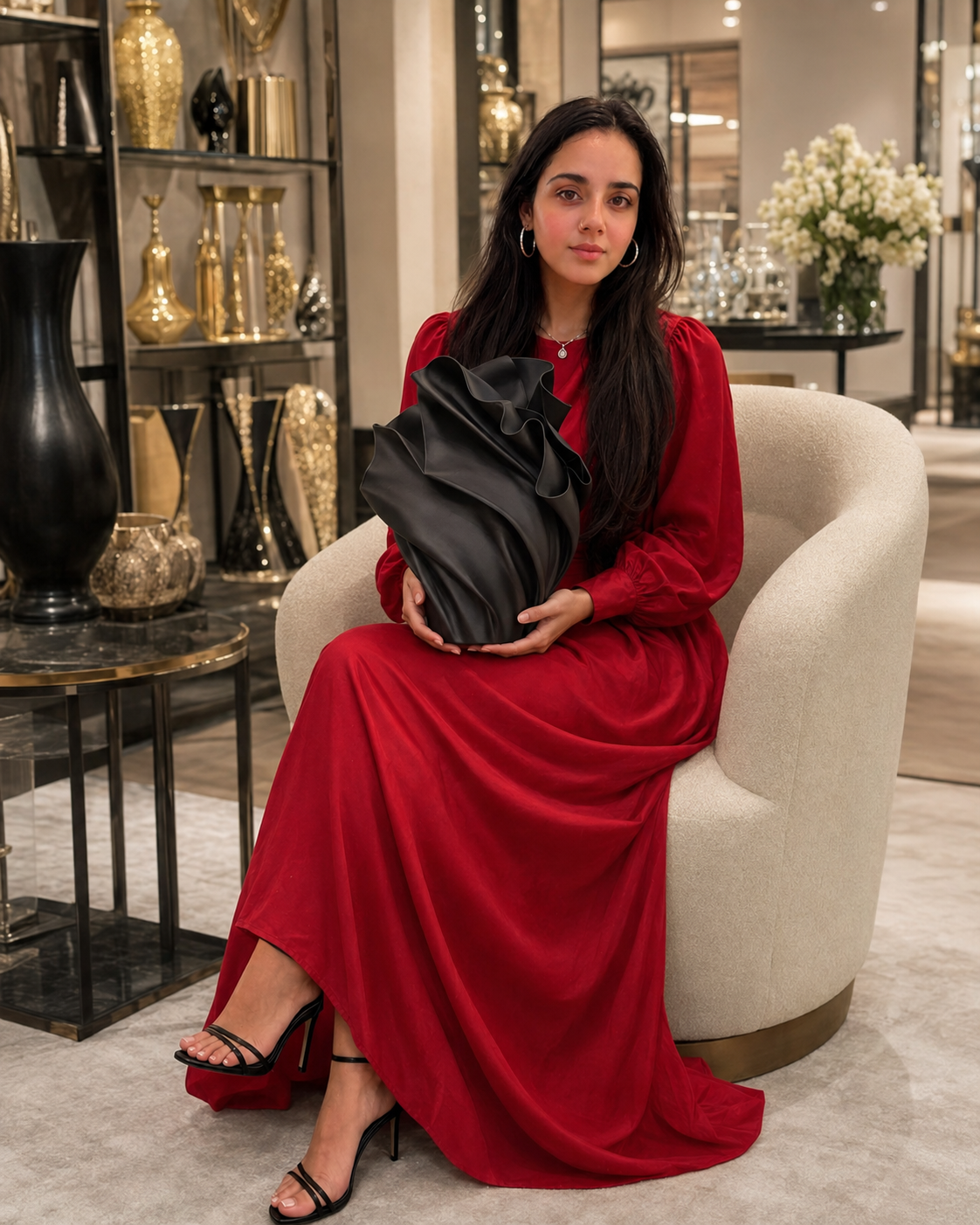 A woman with long dark hair sits in a cream-colored armchair inside a luxury boutique, wearing a long-sleeved red maxi dress and holding a black ruffled vase