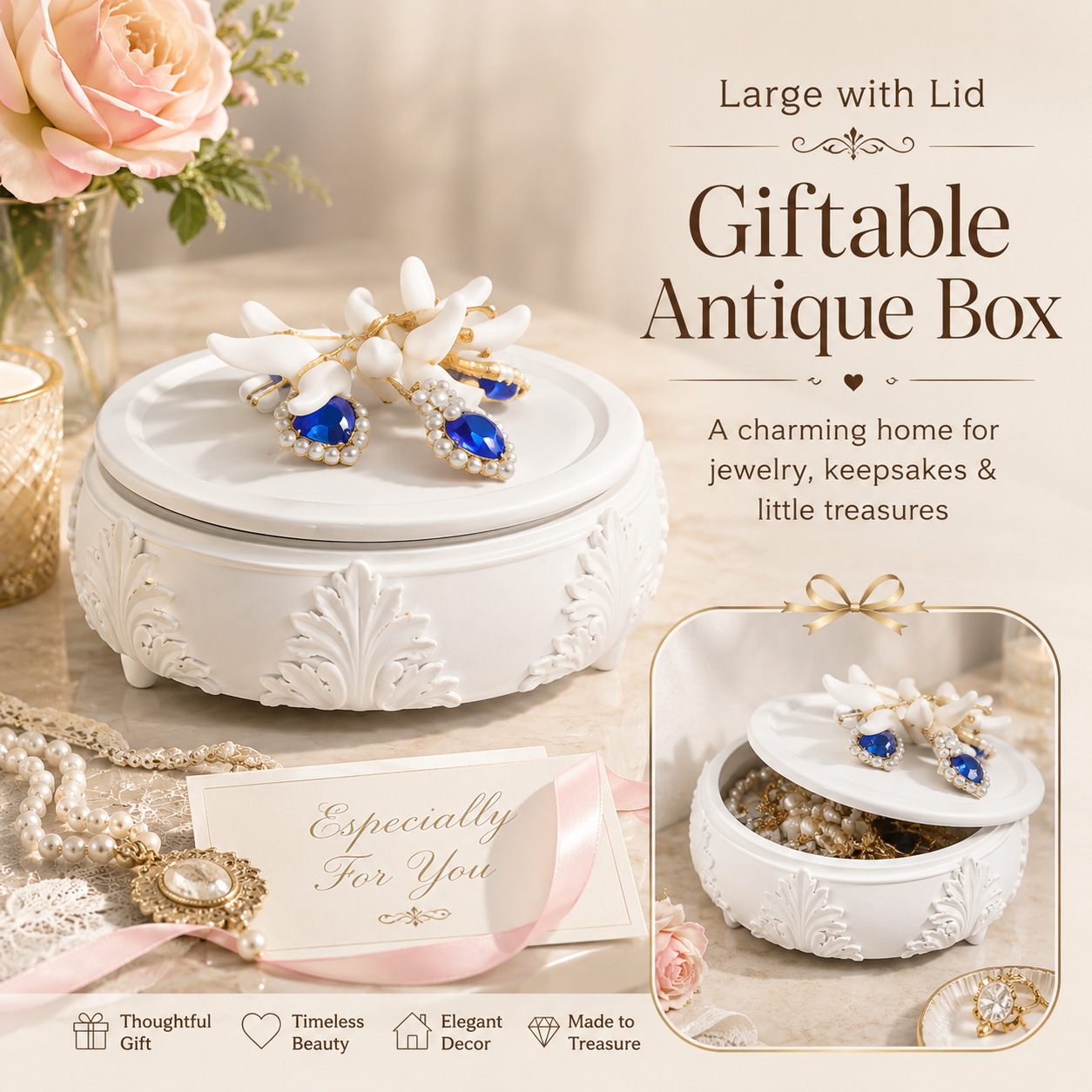 A white embossed decorative giftable antique box with a lid, shown open with jewelry inside. The scene includes promotional text reading 'Large with Lid Giftable Antique Box' and 'A charming home for jewelry, keepsakes & little treasures,' plus a small inset showing the box closed and styled with flowers and ribbon.