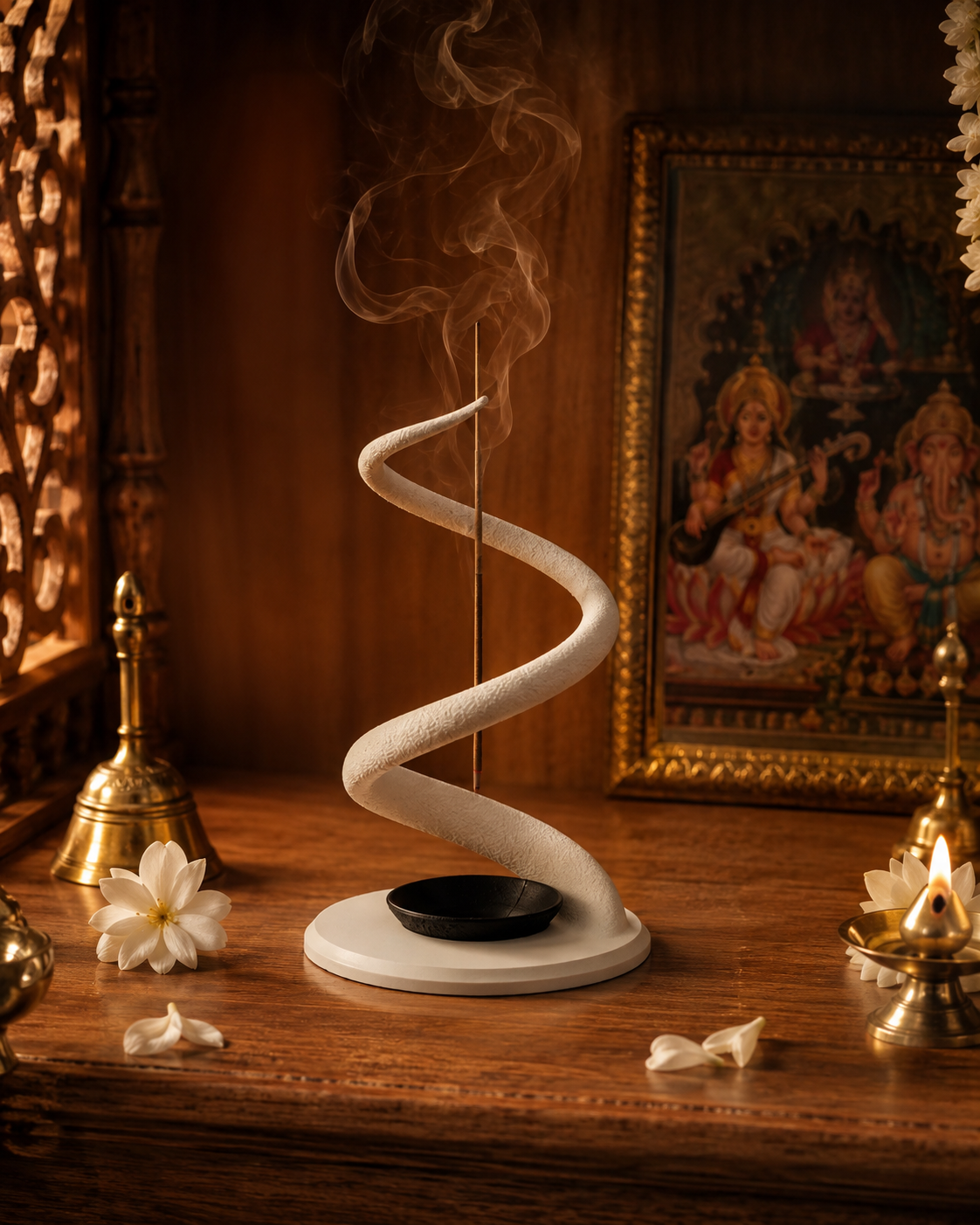 A white spiral incense holder with a black bowl, shown with a smoking incense stick in a warm, decorated indoor setting with brass lamps and a framed painting.