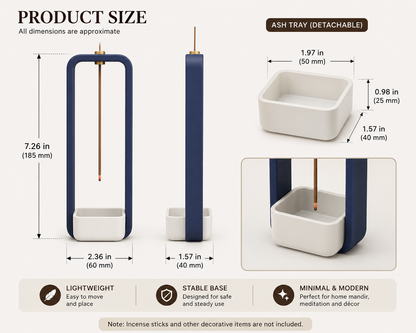Product size diagram showing a navy blue and white incense holder with dimensions, including a detachable ash tray, on a light beige background with feature icons.