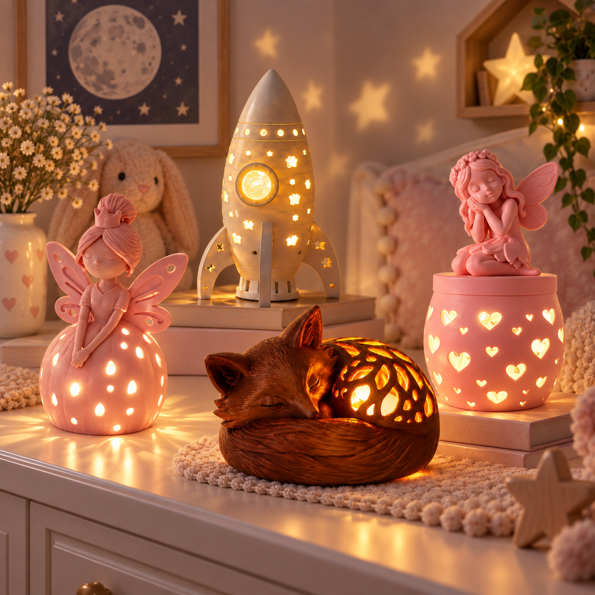 A cozy nursery or children's room scene with three decorative lamps: a pink fairy on a glowing orb, a rocket-shaped lamp, and a sleeping fox lamp on a heart-patterned pink base. Warm star lights are projected on the wall, and a stuffed bunny and flowers sit in the background.