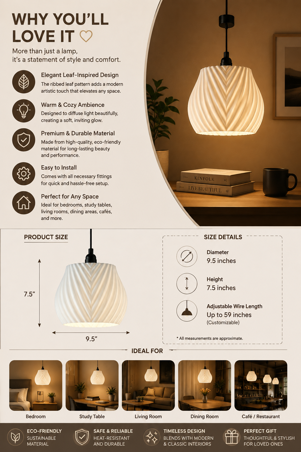 An infographic detailing the features and dimensions of a modern leaf-shaped pendant lamp. The top half features a warm interior scene showing the lamp in use, while the bottom half displays product dimensions (7.