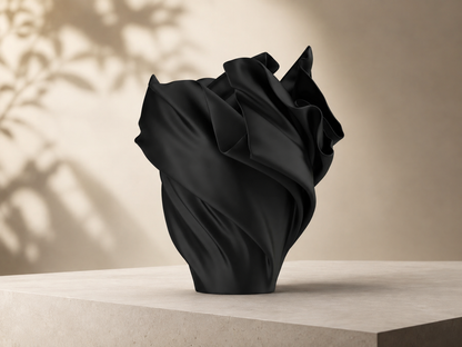A sculptural black vase made from draped, gathered fabric stands on a light stone pedestal against a warm beige wall with soft leaf shadows.