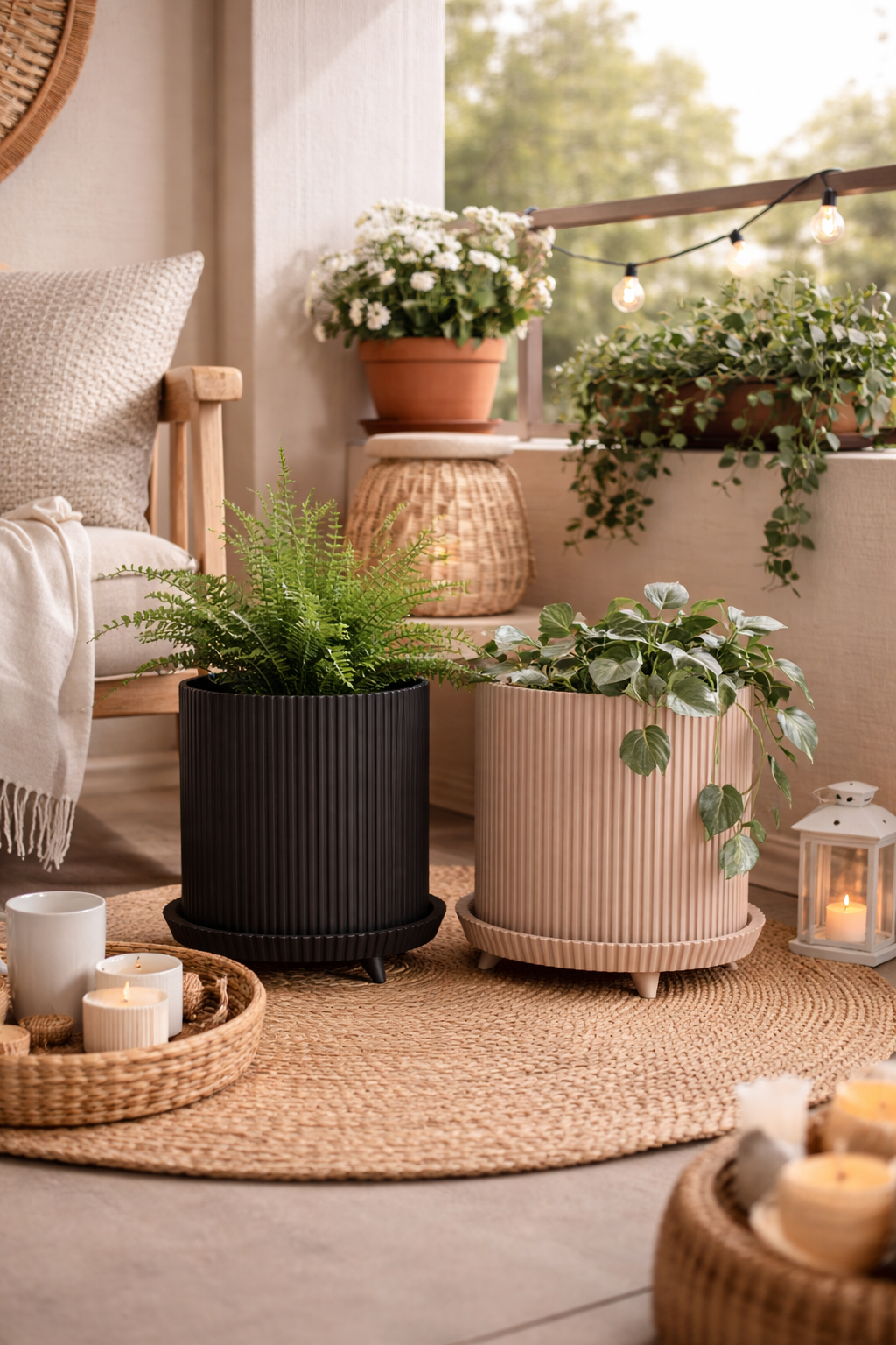 Decorative outdoor setting with potted plants, candles, and a lantern on a patio.