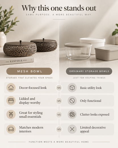 A promotional comparison graphic for decorative mesh storage bowls versus ordinary storage bowls. The top half shows two woven mesh bowls on a shelf with a book, and the right half shows clear glass and white plastic storage containers.