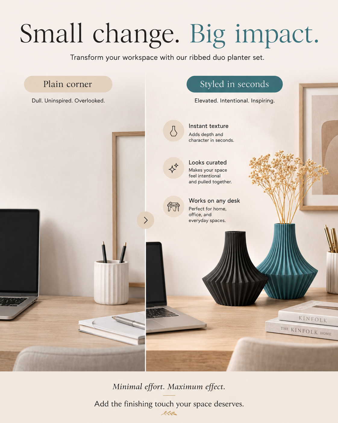 Promotional graphic for a ribbed duo planter set, showing two ceramic vases on a wooden desk in styled home office settings. One vase is plain white and the other is textured black, with dried floral arrangements in both.