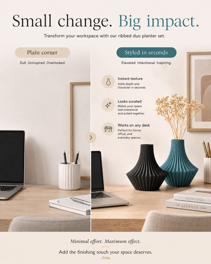 Promotional graphic for a ribbed duo planter set, showing two ceramic vases on a wooden desk in styled home office settings. One vase is plain white and the other is textured black, with dried floral arrangements in both.