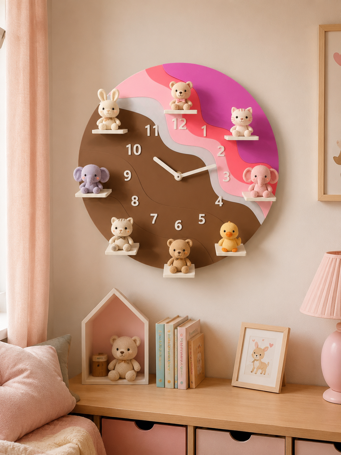 A whimsical round wall clock mounted on a beige wall in a child's bedroom. The clock features a brown center, a pink and purple wavy outer ring, and small white shelves holding plush toys shaped like a rabbit, teddy bear, cat, elephant, duck, and another bear.