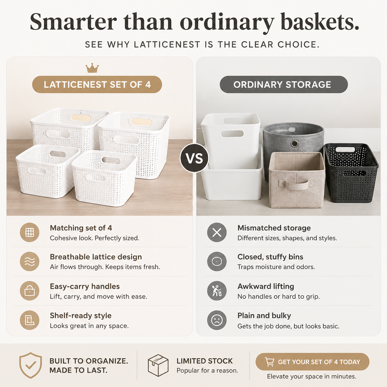 A promotional comparison graphic for Latticenest storage baskets versus ordinary storage bins. The left side shows a set of four white woven lattice baskets on a light wood surface, with text highlighting features like matching size, breathable lattice design, easy carry handles, and shelf-ready style.