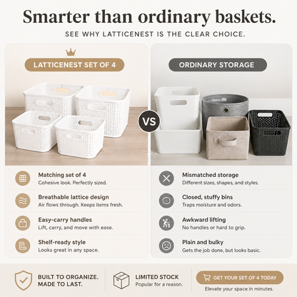 A promotional comparison graphic for Latticenest storage baskets versus ordinary storage bins. The left side shows a set of four white woven lattice baskets on a light wood surface, with text highlighting features like matching size, breathable lattice design, easy carry handles, and shelf-ready style.