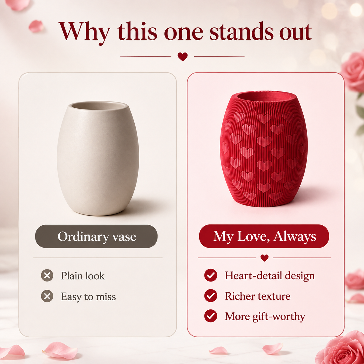 Promotional graphic showing two vases on a soft pink background with rose petals. On the left, a plain off-white vase is labeled 'Ordinary vase.