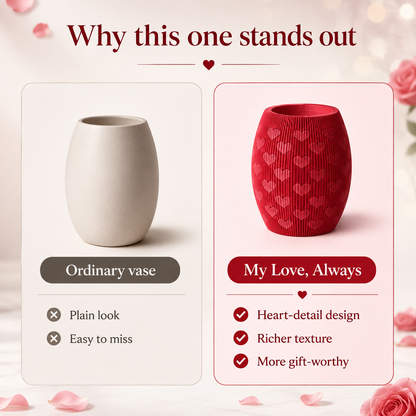Promotional graphic showing two vases on a soft pink background with rose petals. On the left, a plain off-white vase is labeled 'Ordinary vase.