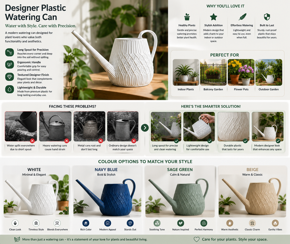 An infographic detailing the Designer Plastic Watering Can, featuring a white textured version in the center with descriptive text, benefits, and common problems it solves. The bottom section displays color options including White (Honeydew and Haze), Navy Blue (Blue Ridge and Smoky), Sage Green (Sage Green), and Beige (Warka and Chlewa), each with corresponding photos of the can in those colors.