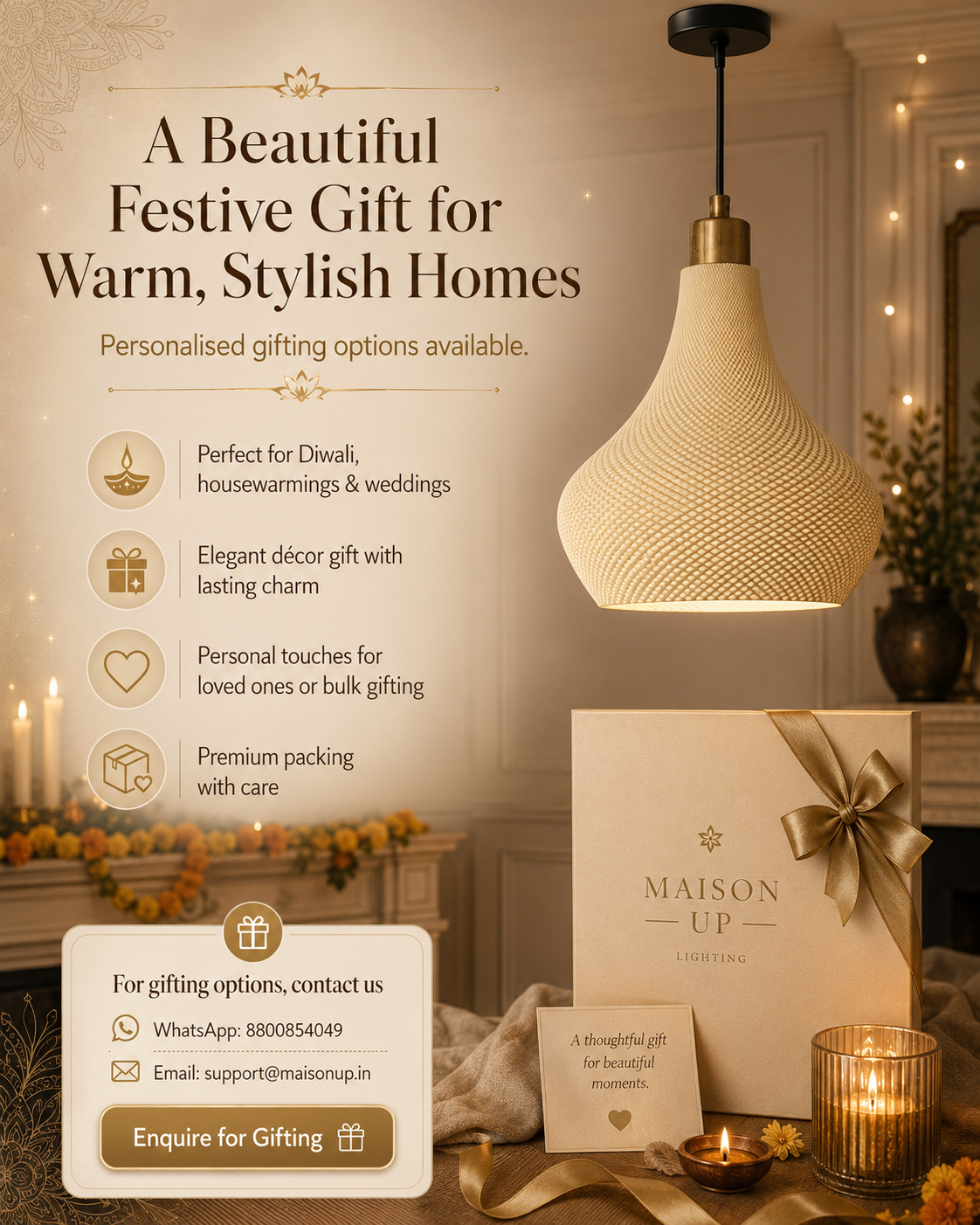 A festive home decor gift set featuring a woven cream pendant light, a cream gift box with a gold ribbon, and candles, presented in an elegant warm-toned living room setting with promotional text overlays.