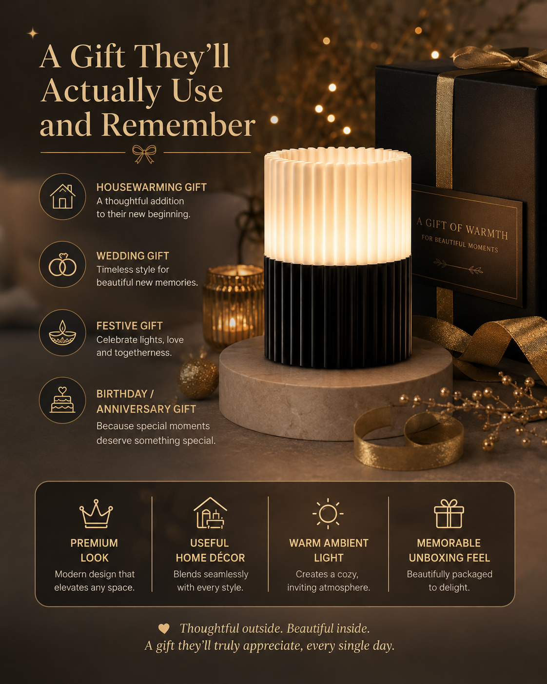 A warm white ribbed cylindrical lamp with a black base sits on a stone pedestal in a cozy, dark decorated room. Large promotional text reads 'A Gift They'll Actually Use and Remember' with icons for housewarming, wedding, festive, and birthday/gift use.