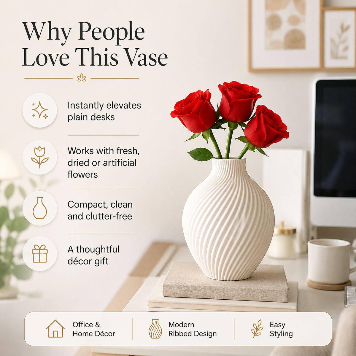 A white ribbed ceramic vase holding three red roses on a desk, with marketing text on the left reading 'Why People Love This Vase' and feature callouts for modern ribbed design, office and home decor use, and easy styling.