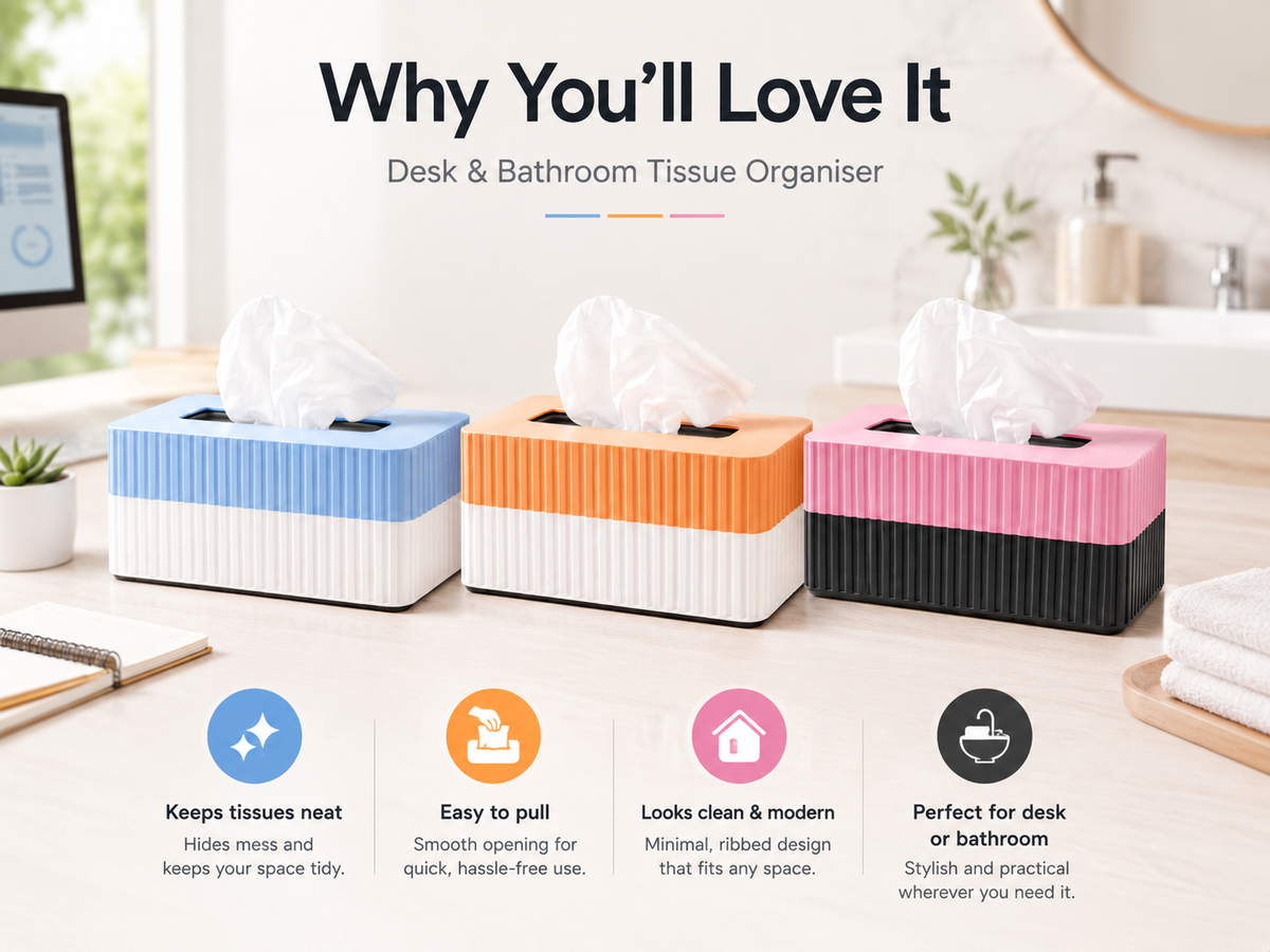 Three ribbed tissue box organizers in blue-and-white, orange-and-white, and pink-and-black are shown on a bathroom counter with tissues pulled from each. Large text reads 'Why You'll Love It' and smaller feature icons below describe organization, easy pull design, clean modern look, and suitability for desk or bathroom.