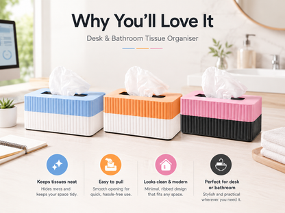 Three ribbed tissue box organizers in blue-and-white, orange-and-white, and pink-and-black are shown on a bathroom counter with tissues pulled from each. Large text reads 'Why You'll Love It' and smaller feature icons below describe organization, easy pull design, clean modern look, and suitability for desk or bathroom.