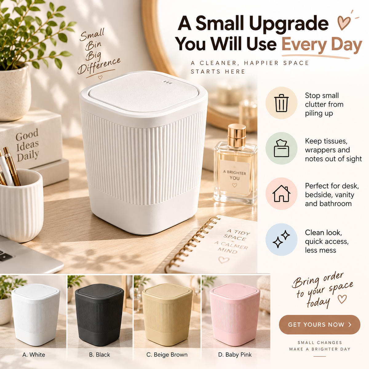 A small ribbed cylindrical trash can in white is shown in a styled home-office scene with decorative props, alongside marketing text and four color options labeled A. White, B.