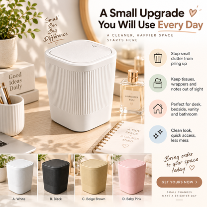 A small ribbed cylindrical trash can in white is shown in a styled home-office scene with decorative props, alongside marketing text and four color options labeled A. White, B.
