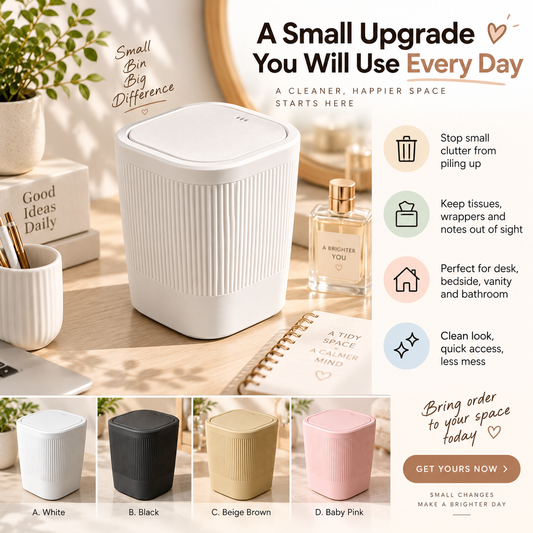 A small ribbed cylindrical trash can in white is shown in a styled home-office scene with decorative props, alongside marketing text and four color options labeled A. White, B.