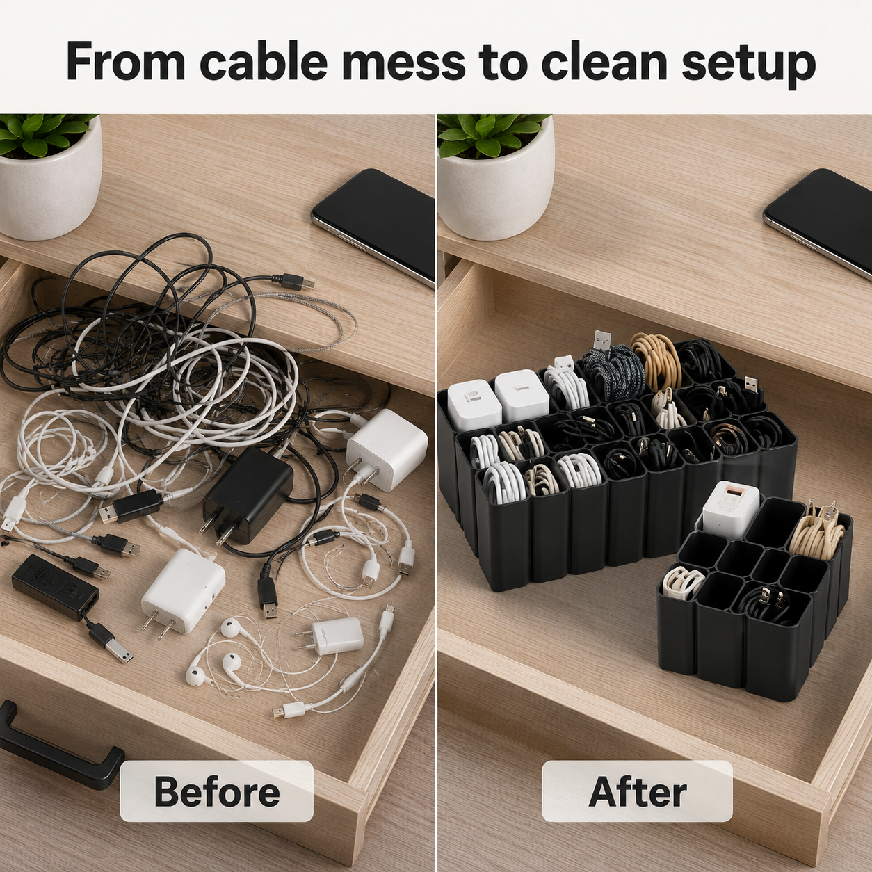 Before-and-after comparison showing a drawer organizer set in use on a light wood desk. The left 'Before' panel shows tangled cables, chargers, and adapters inside an open drawer.