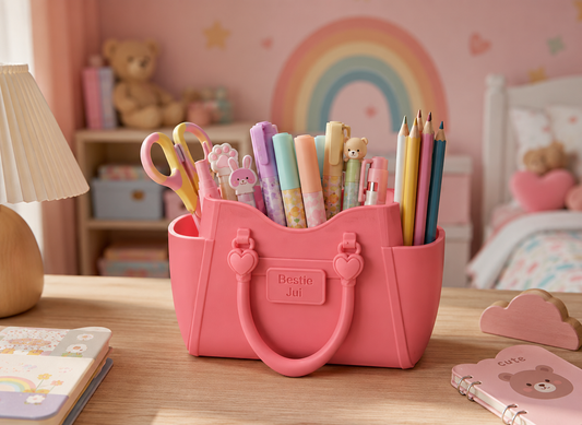 A pink handbag-shaped desk organizer filled with pens, pencils, and scissors, placed on a wooden desk in a cozy, pastel-colored bedroom setting.