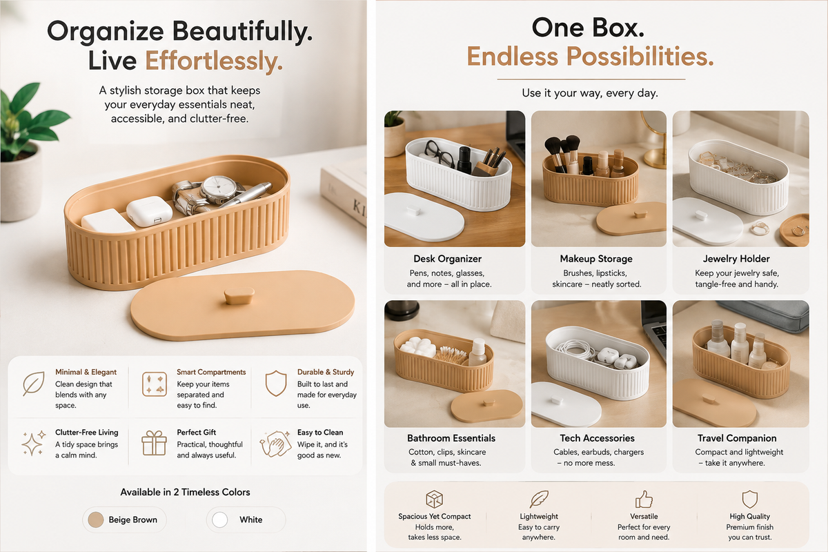 A promotional collage for a cylindrical wooden desk organizer box shown in two color ways: a warm brown wood finish and a white finish. The left side features a large hero shot of the brown organizer holding white earbuds cases, with text reading 'Organize Beautifully.
