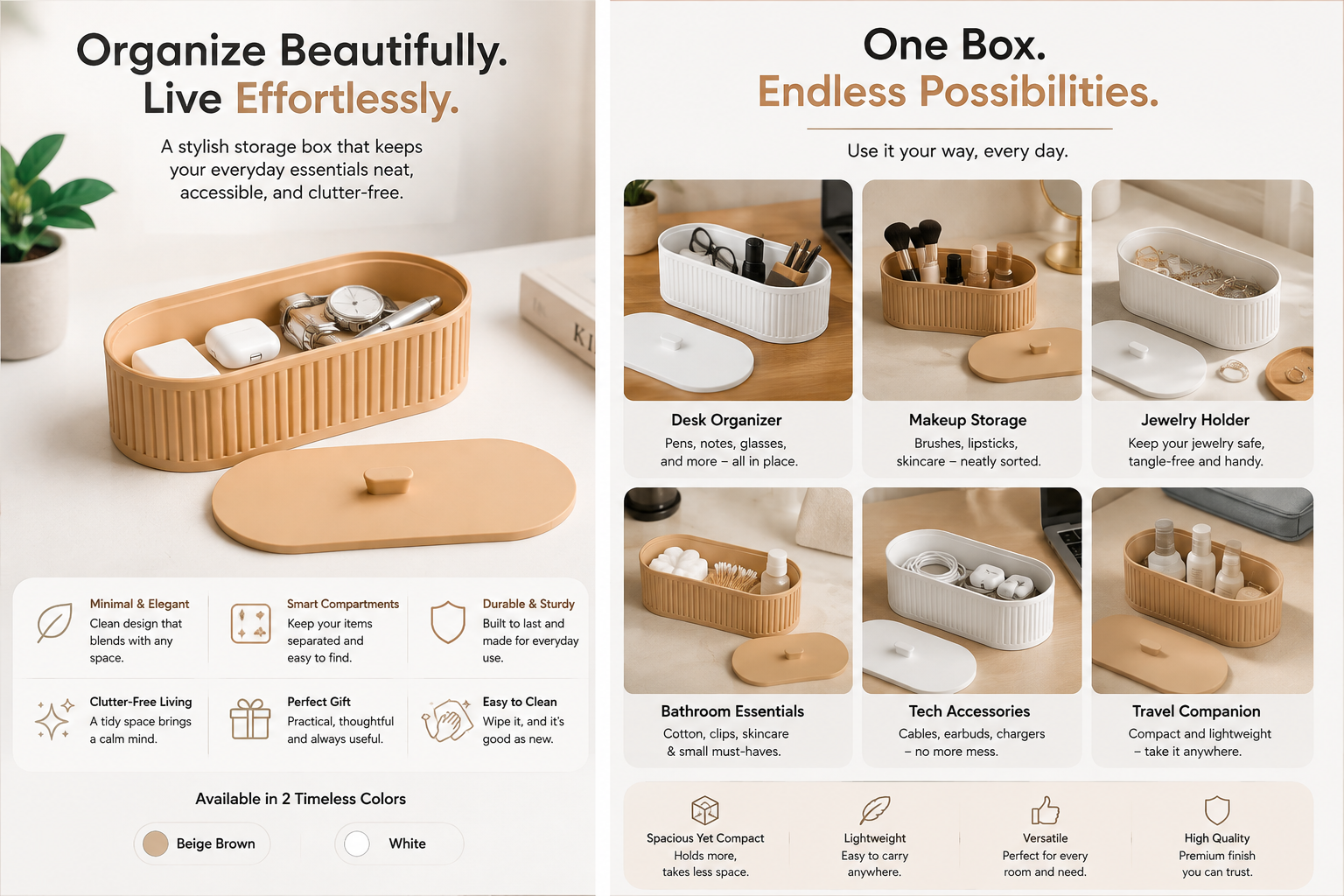 A promotional collage for a cylindrical wooden desk organizer box shown in two color ways: a warm brown wood finish and a white finish. The left side features a large hero shot of the brown organizer holding white earbuds cases, with text reading 'Organize Beautifully.