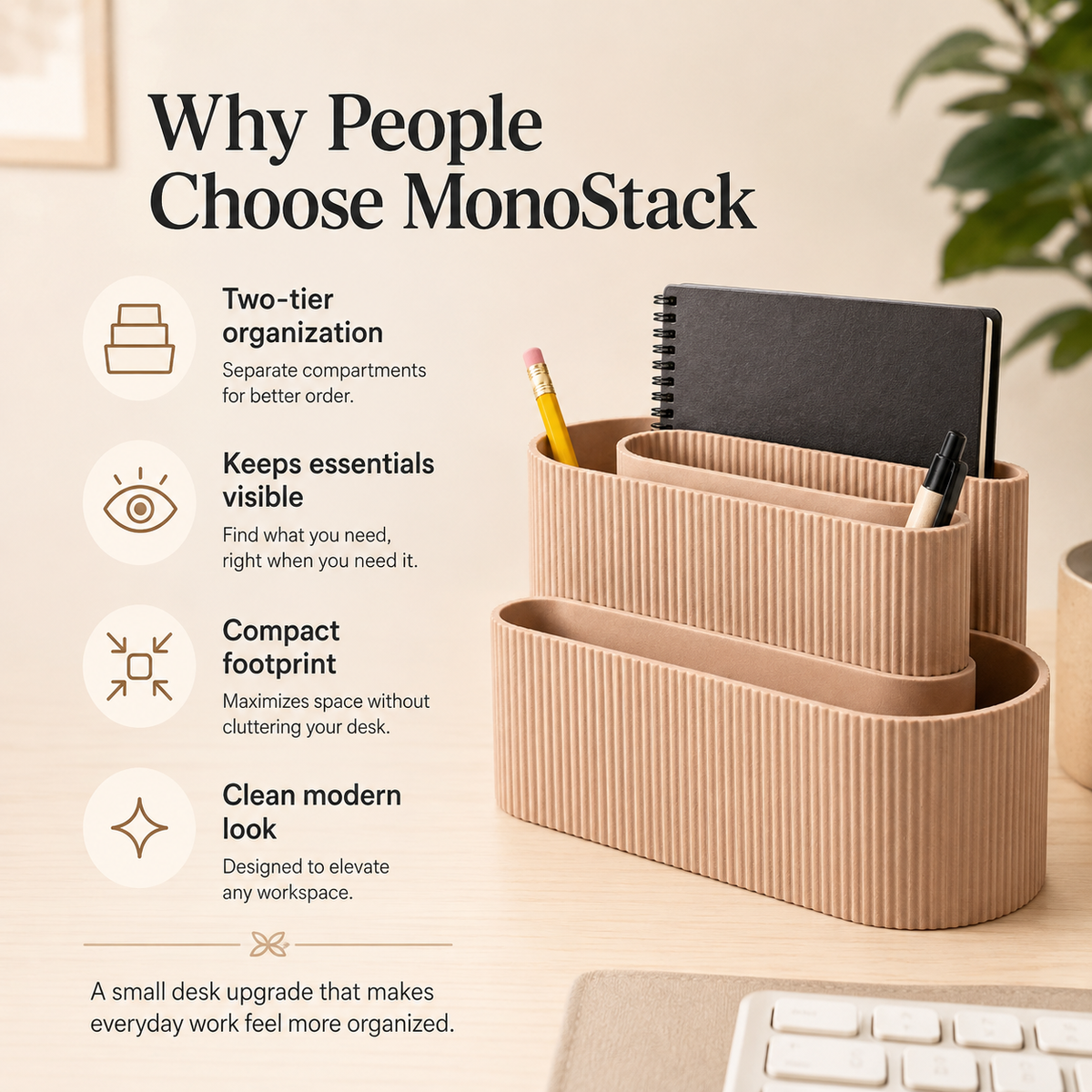 A beige ribbed MonoStack desk organizer holding a black notebook, yellow pencil, and pen, shown on a light desk with marketing text and icons about organization and compact footprint.