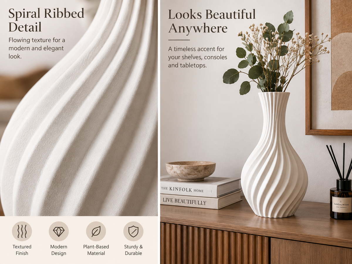A white spiral ribbed ceramic vase with dried eucalyptus stems, styled on a wooden console table next to a reed diffuser. The left side of the image features a close-up of the ribbed texture with text overlays describing its features.