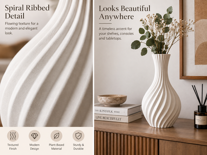 A white spiral ribbed ceramic vase with dried eucalyptus stems, styled on a wooden console table next to a reed diffuser. The left side of the image features a close-up of the ribbed texture with text overlays describing its features.