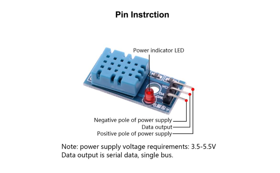 DHT11 temperature and humidity sensor module with VCC DATA GND pins for Arduino, ESP8266 and IoT projects