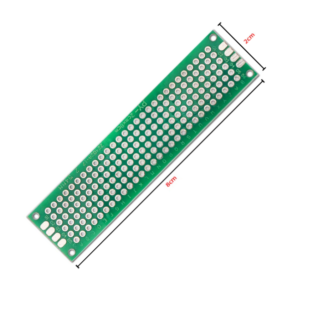 Double sided PCB perf board stripboard prototyping circuit board for electronics DIY projects, Arduino and Raspberry Pi soldering applications, universal dual layer prototype PCB board pack of 5 on white background