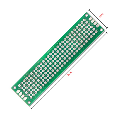 Double sided PCB perf board stripboard prototyping circuit board for electronics DIY projects, Arduino and Raspberry Pi soldering applications, universal dual layer prototype PCB board pack of 5 on white background