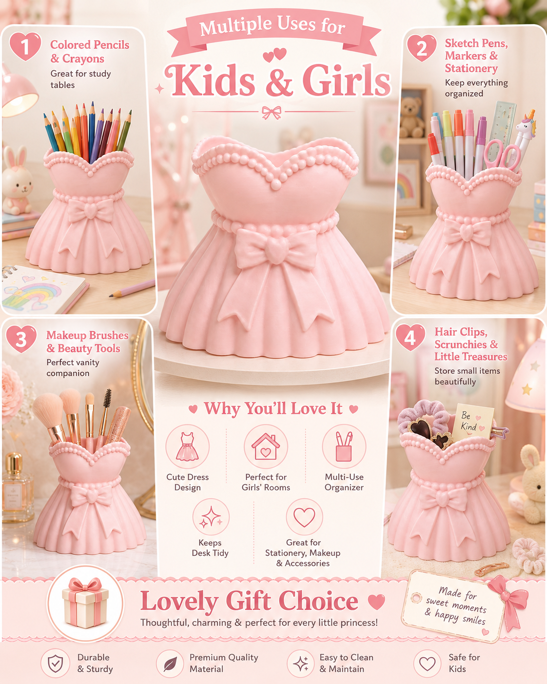 A collage-style product listing graphic showing a pink dress-shaped desk organizer holding various stationery and beauty items. The image includes numbered callouts with usage examples, such as colored pencils, sketch pens, makeup brushes, and hair clips, plus marketing text like 'Multiple Uses for Kids & Girls' and 'Lovely Gift Choice.
