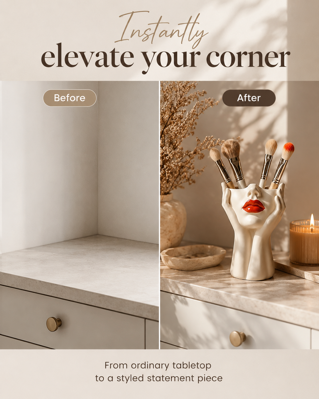 Before-and-after promotional graphic showing a vanity corner. The left panel labeled 'Before' shows an empty beige wall and marble-top cabinet corner.