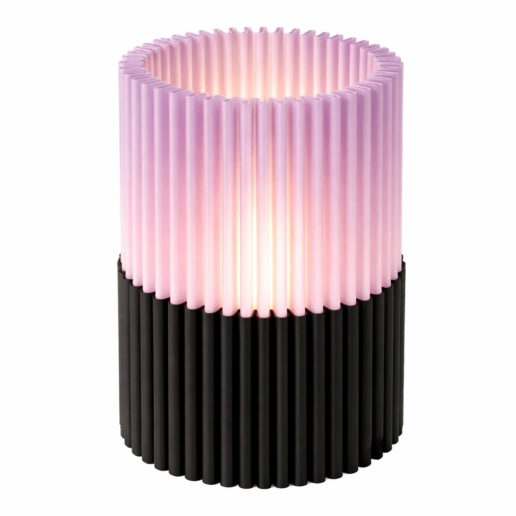 Cylindrical lamp with pink top and black bottom on a white background