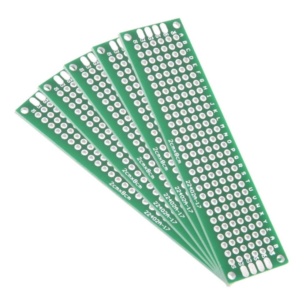 Double sided PCB perf board stripboard prototyping circuit board for electronics DIY projects, Arduino and Raspberry Pi soldering applications, universal dual layer prototype PCB board pack of 5 on white background