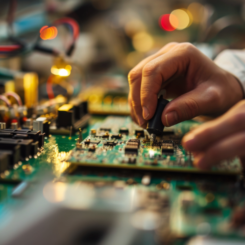 Hand working on a circuit board with blurred lights in the background