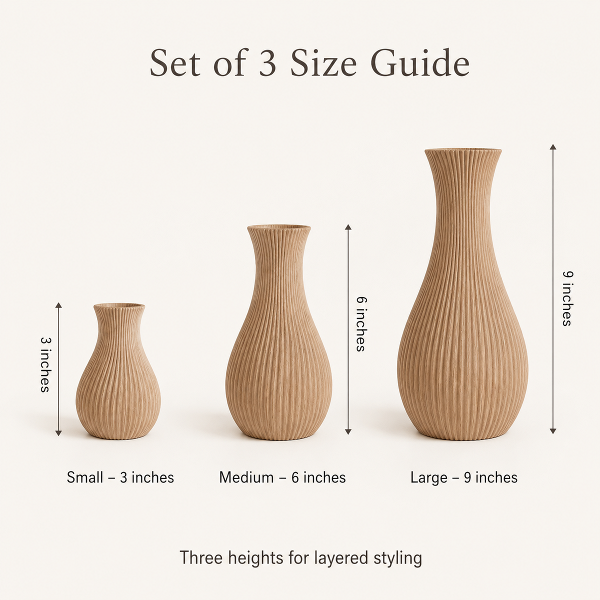 Three ribbed ceramic vases in small, medium, and large sizes with height measurements labeled 3 inches, 6 inches, and 9 inches on a light beige background.