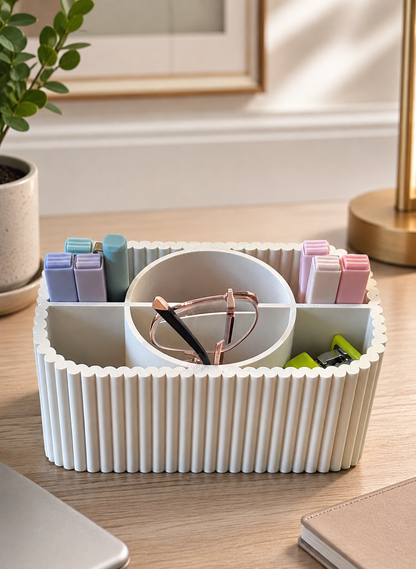 A white ribbed desktop organizer tray with multiple compartments, shown holding eyeglasses, pens, and small stationery items on a wooden desk in a bright indoor setting.