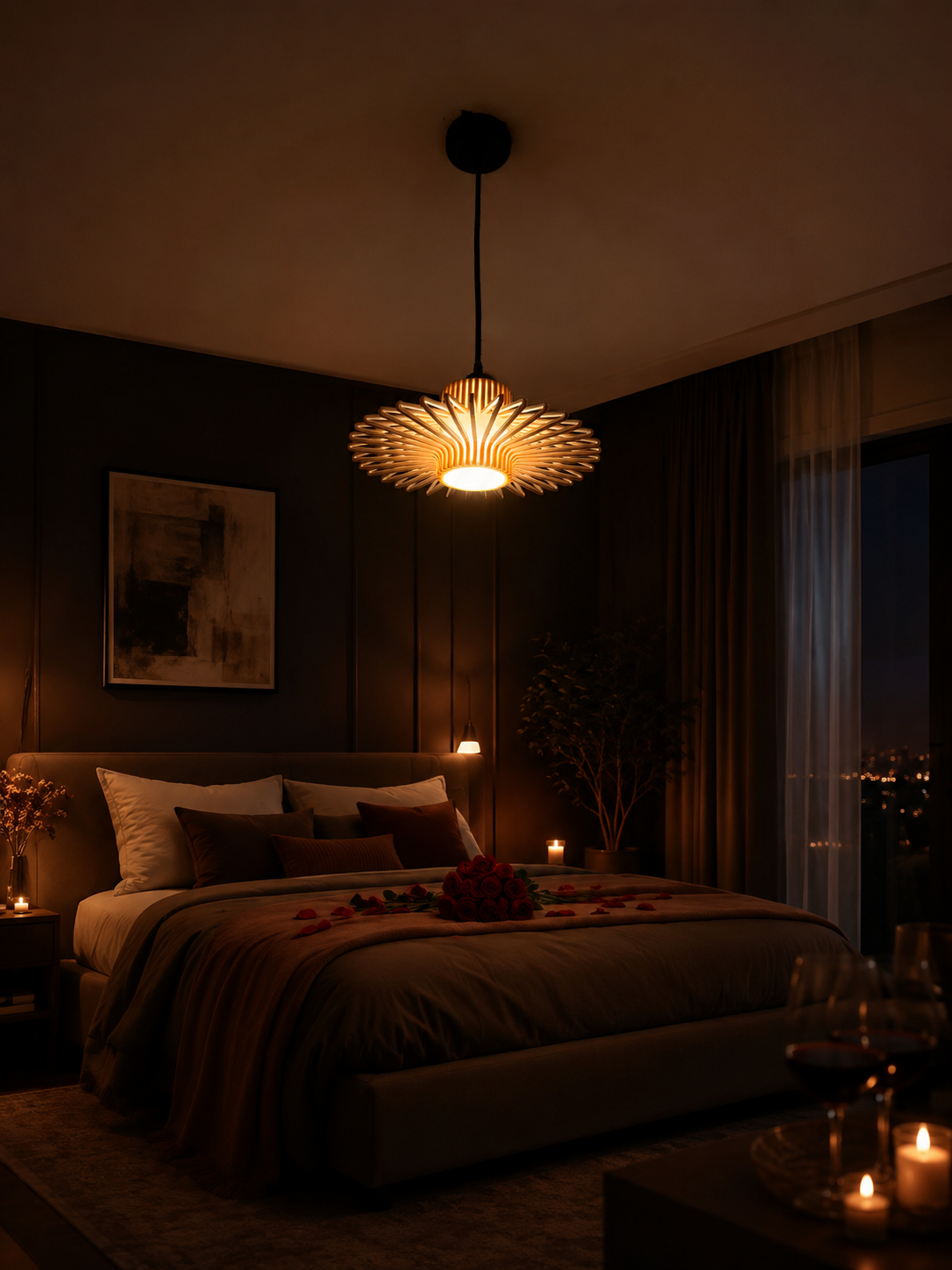 Dark bedroom with a lit chandelier, bed, and candles creating a cozy atmosphere.